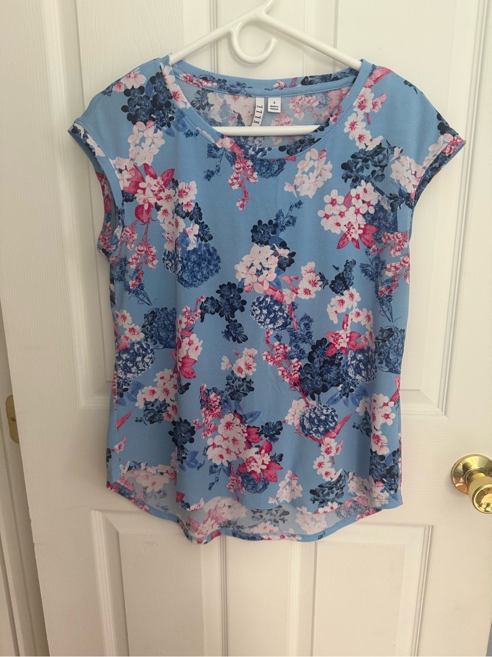 Elle Light Blue Floral Blouse with Pink & Navy Floral Accents